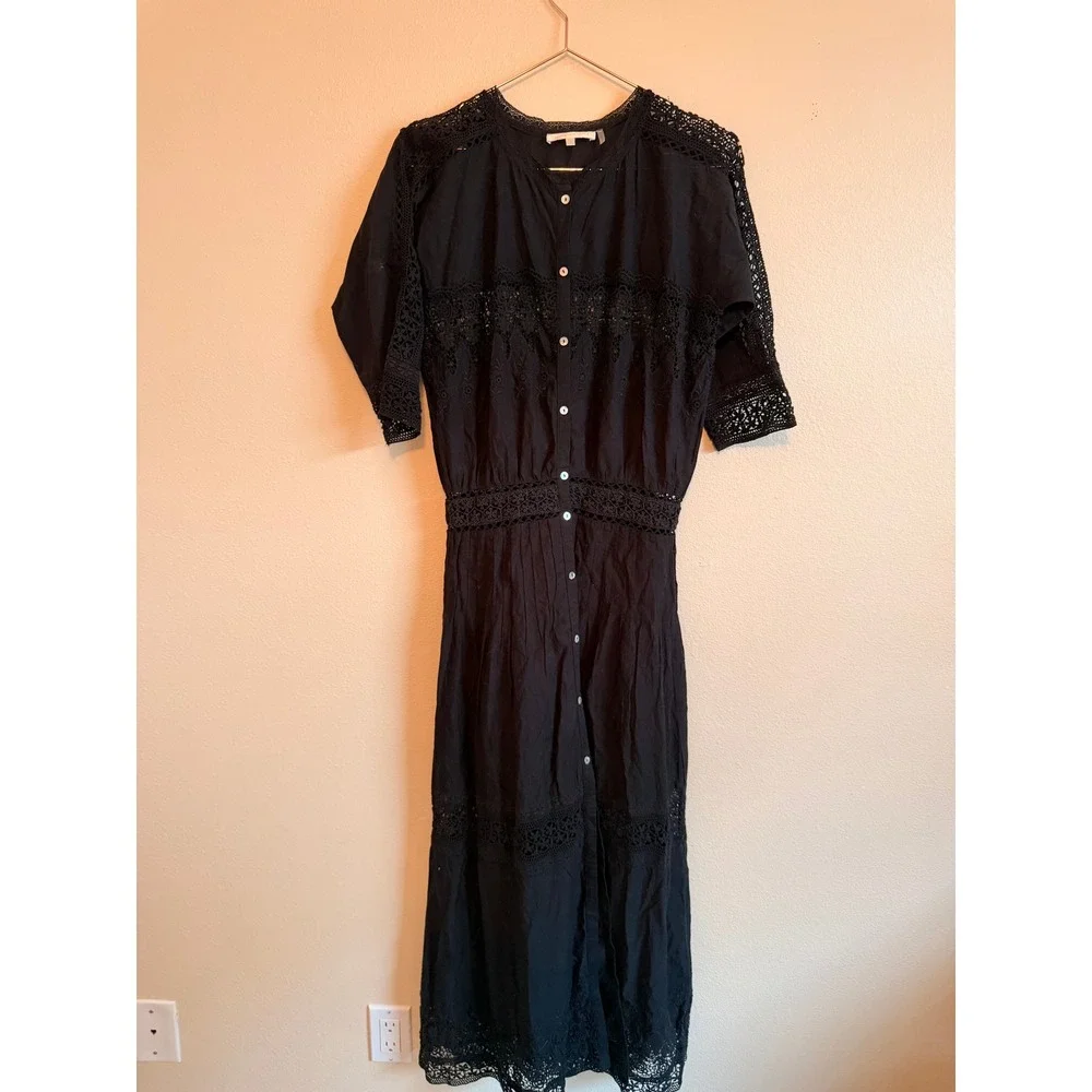 LoveShackFancy Dress‎ Womens Small Black Boho Crochet Lace Midi Button Front LSF
